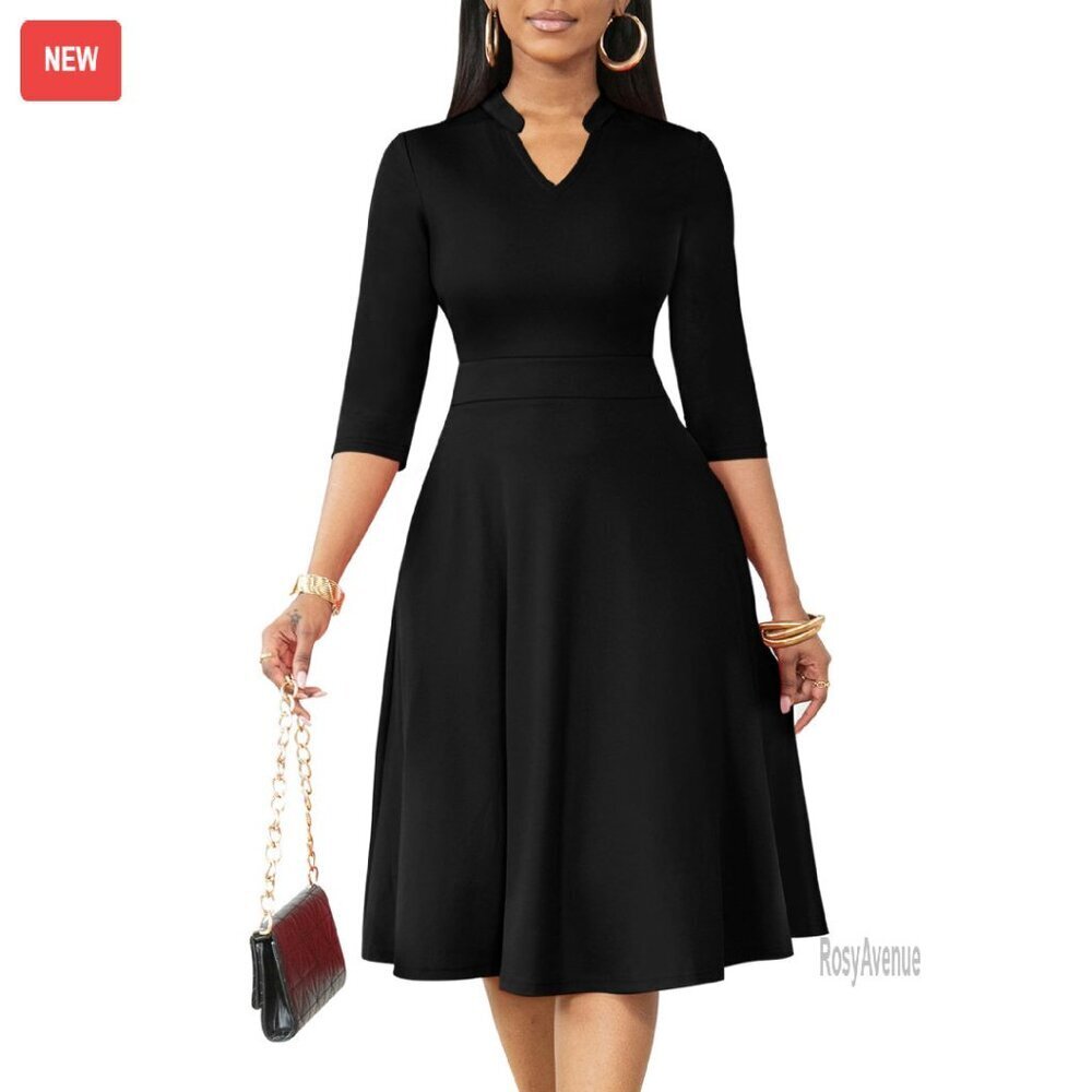 Fit Flare Midi Dress 3/4 Sleeve V-Neck Pockets Polyester Elastane